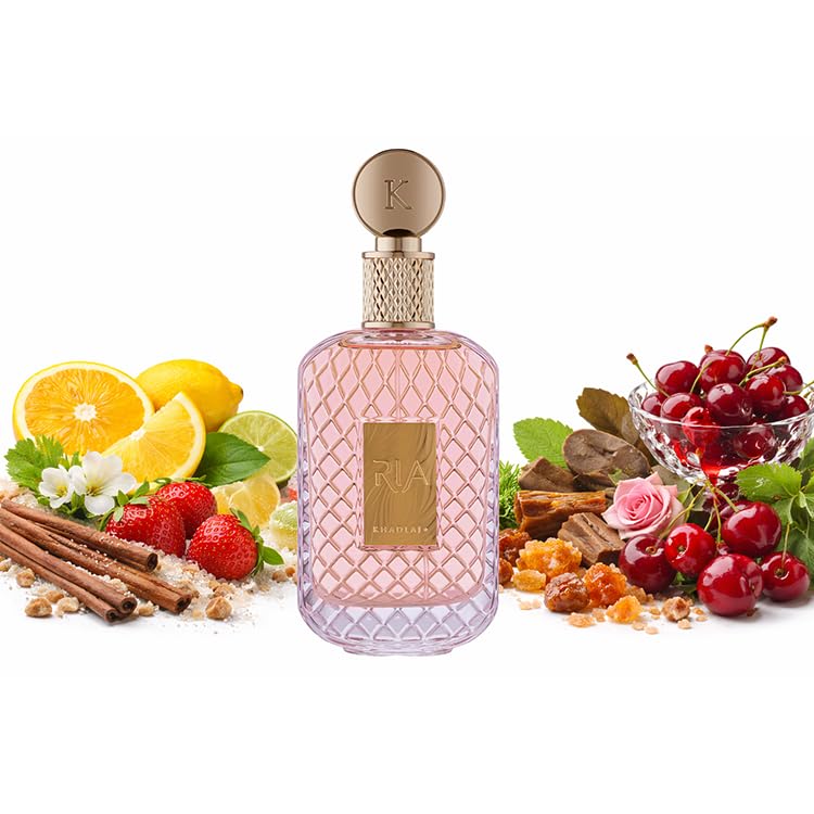 Khadlaj Ria Eau de Parfum 100 ml for Women – Long-Lasting Fruity Floral Fragrance with Cherry, Raspberry, and Strawberry Notes – Elegant Musk, Patchouli, and Black Currant Perfume Spray