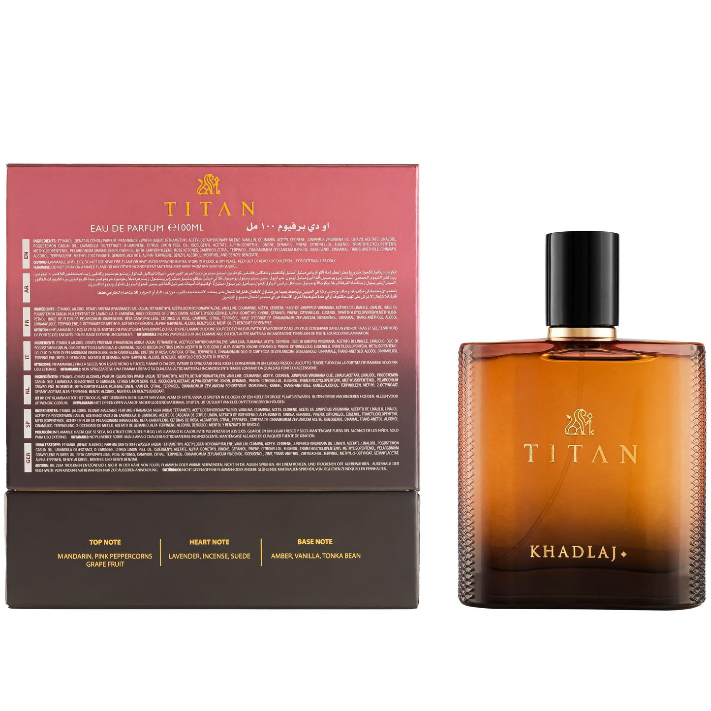 Khadlaj Titan – Citrus, Spicy, Aromatic, Amber – Eau de Parfum Spray Long-Lasting Fragrance for Men, 3.4 Ounce / 100 ml