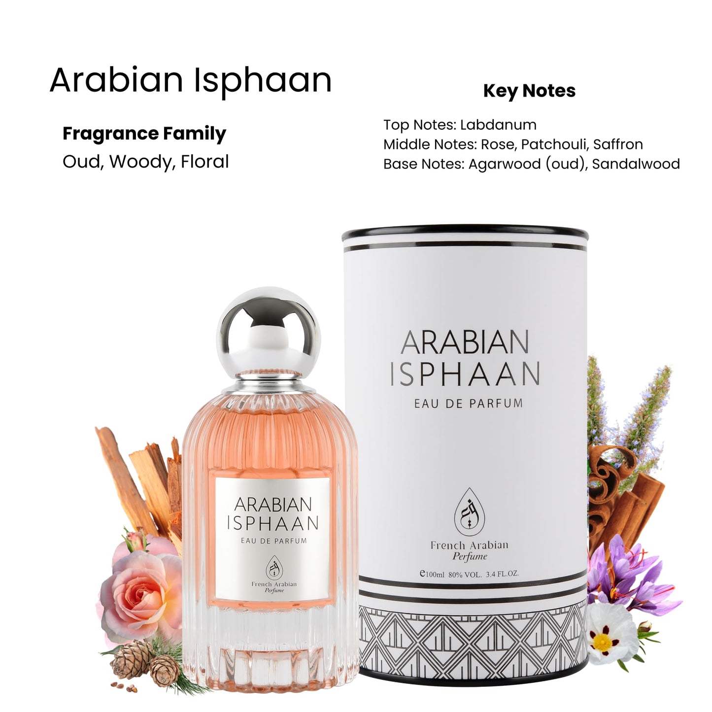 Arabian Isphaan 100ml EDP by French Arabian Perfumes | Unisex Eau de Parfum Oud Fragrance | Woody Floral Scent with Labdanum Rose Patchouli Saffron Oud & Sandalwood Notes | Luxury Oriental Perfume