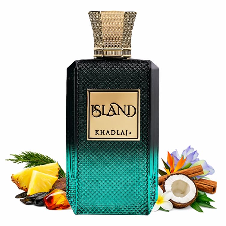 Khadlaj Island Extrait de Parfum Spray 100ml – Unisex Tropical Fragrance with Bergamot Coconut Pineapple Amber Notes Perfect scent for Men and Women