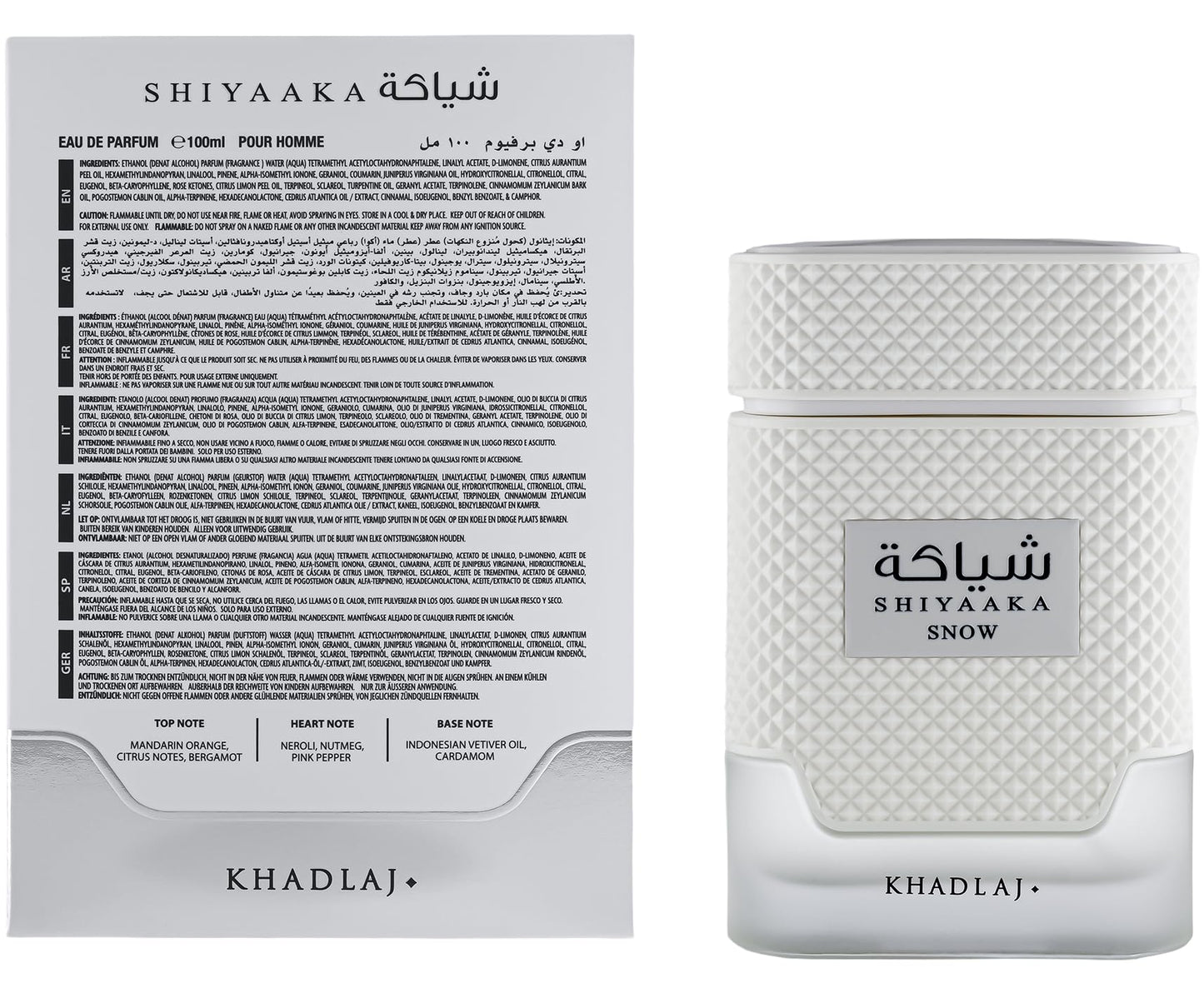 Shiyaaka Snow Eau de Parfum 100ml by Khadlaj Perfumes – Long-Lasting Mens Fragrance with Citrus Notes, Neroli & Vetiver – Fresh Citrus, Spicy Pink Pepper & Cardamom Perfume for Men